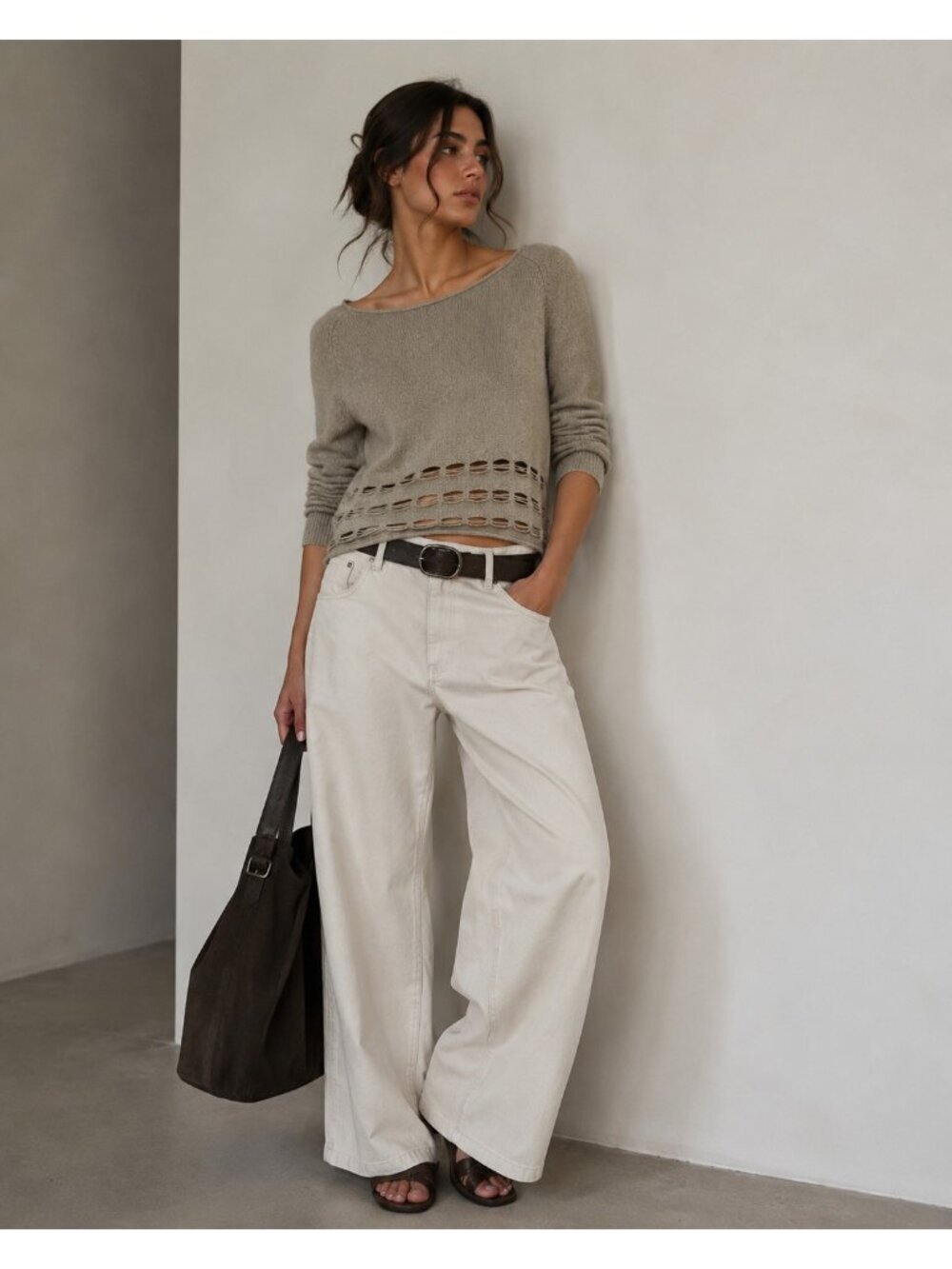 Qi Cashmere Sweater Women S Taupe 100% Cashmere Openwork Cutout Pullover